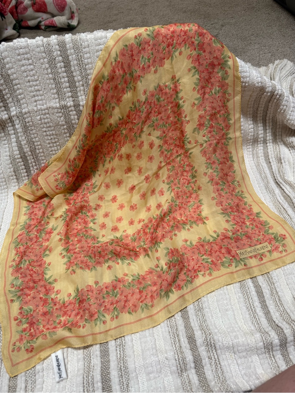 Yves Saint Laurent Yellow Scarf with Coral Floral Border